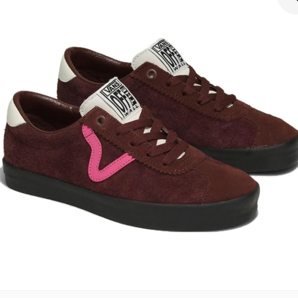 Vans Off The Wall Sport Low Skate Shoes Suede & Leather, Brown & Pink V-Stripe